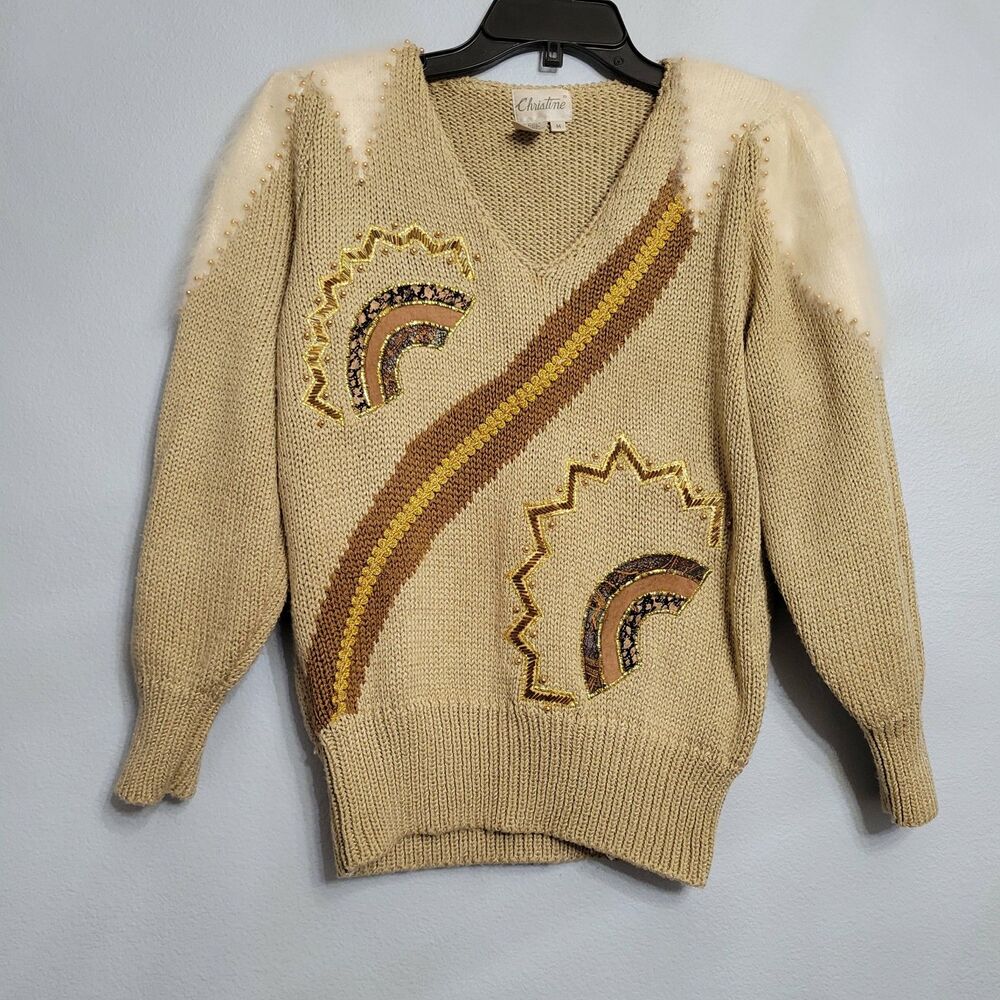 VTG 80s Christine Angora Sweater V Neck Beaded Embroidered Metallic Funky MED